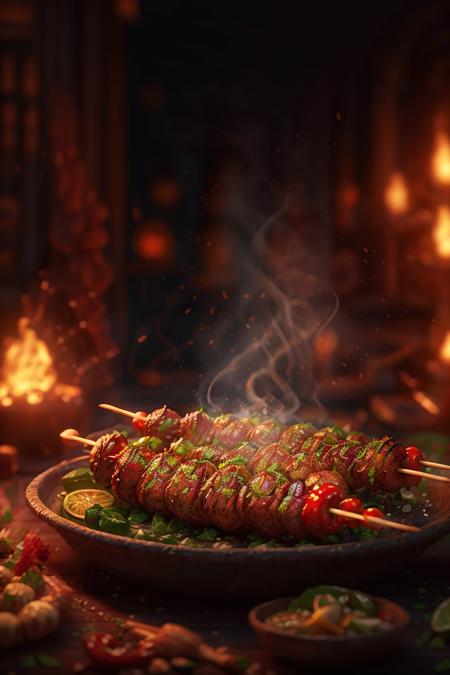 shish-kabab,  highly stylized, 4k, unreal engine 5 render, food art, food photography, realistic render, smoke, mist, dramatic lighting, cinematic lighting, rule of thirds, depth of field, cinematic bloom, art by fodm4st3r  <lyco:fodm4st3r:0.8>