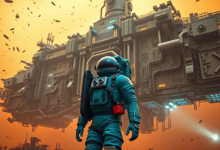 A cinematic shot of an astronaut in a vibrant teal spacesuit standing in the foreground, with a massive, intricate space station or spacecraft as the backdrop. The space station is adorned with numerous lights, windows, and technical details. The astronaut's suit is equipped with various gadgets and patches. The atmosphere is filled with floating debris and a hazy orange hue, suggesting either a celestial event or a post-apocalyptic setting.