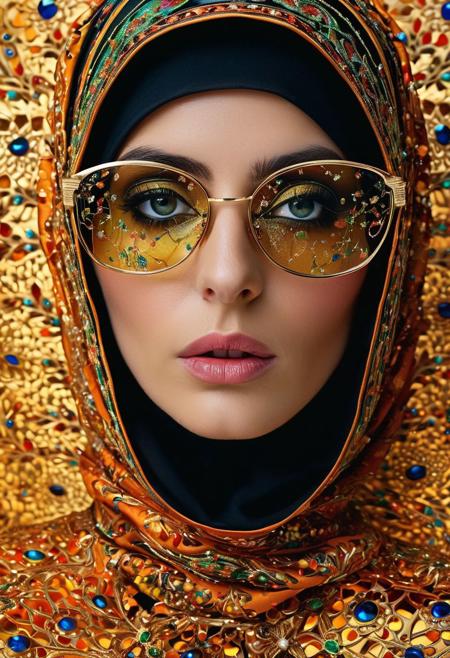 Persian color palette , Persian art, Persian girl, Persian, Iranian, Iran,nun, WEARING DARK, SHINY GLASSES folk costumes (Lina Cavalieri: 1,2) (8k, RAW photo, highest quality), hyperrealistic, intricate abstract, intricate artwork, abstract style, otherworldly, mesmerizing parallel dimension, gravity defies logic, abstract masterpiece, interplay of floating objects, distorted silhouettes, vivid hues, ethereal light, weightlessness in an unknown realm, non-representational, colors and shapes, expression of feelings, imaginative, highly detailed, extremely high-resolution details, photographic, realism pushed to extreme, fine texture, 4k, ultra-detailed, high quality, high contrasthanfu,clear face, Ultra High Resolution, wallpaper, 8K,Rich texture details, hyper detailed, detailed eyes, detailed background, dramatic angle, epic composition, SimplepositiveXLv1 (masterpiece, high quality, ), , , model photoshoot, , a stylish girl, (by Andreas Gursky:1,3)
