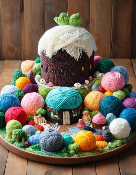 A giant yarn hamburger made of yarn, with detailed stitching for the lettuce, cheese, and patty, sitting on a yarn plate yrnwrld <lora:Yarnworld:1>