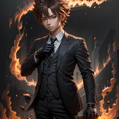 ((masterpiece, best quality)),(complex lighting),tsuna , solo, full body, 1boy, <lora:TsunaSawada1-10:0.6>, brown hair, gloves, 1boy, brown eyes, upper body, male focus, necktie, formal, suit, fire, black necktie