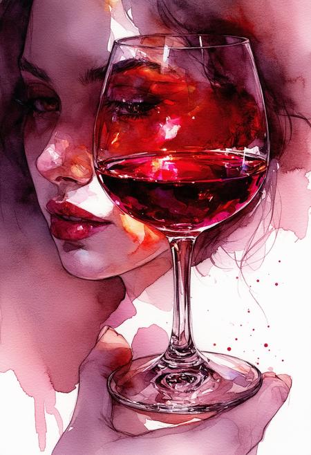 Realistic ink illustration, translucent watercolour washes, subtle charcoal shading. Intimate close-up, slight low-angle: an enigmatic woman poises a crimson wineglass. Piercing backlight ignites the ruby liquid, casting vibrant carmine refractions across her luminous skin. Dramatic chiaroscuro sculpts her features against velvet shadows. Palette: deep crimsons, velvety blacks, warm skin. Glistening crystal, meticulous detail. Atmosphere: intimate contemplation, mysterious allure; subtle dust motes dance in the focused beam. Her expression: a knowing, enigmatic glance.
