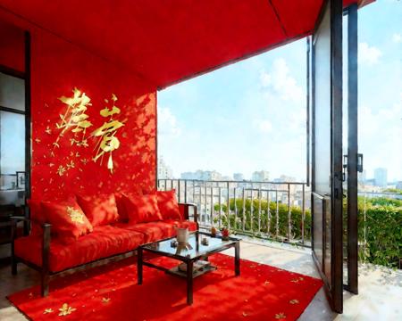 masterpiece,  best quality,  absurdres,  extremely detailed,  illustration,  perfect lighting, 
Modern outdoor balcony design,  whole row of floor-to-ceiling windows,  on the windows,  there is a (small red diamond-shaped paper:1.15) (with the character 'æ¥' written:1.2) (on it pasted on the door).,  chun lian,  photorealistic,  Outdoor_Couch, outdoor, couch, balcony, chun lian, photorealistic,<lora:EMS-261223-EMS:1.200000>,<lora:EMS-251878-EMS:0.800000>