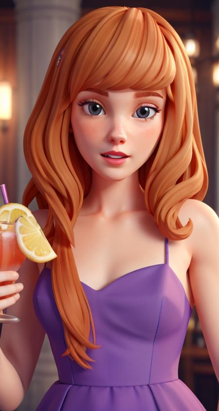 <lora:VRAMsVelmaDaphne640:0.5>, xyzdaphne, 1girl, beautiful, portrait, (closeup), cycles render, ginger, wavy hair, cocktail dress, medium hair