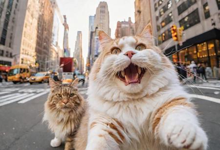 (dogs and a big fat fluffy cat, smiling taking a selfie) with a (super wide angle lenses:0.67). happy vibes, New York city center backdrop. warm lighting. Masterpiece, 8k uhd, iconic, cinematic