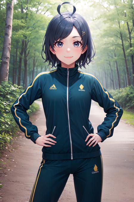 masterpiece, best quality, cowboy shot, smile, komachi hikigaya, short hair, ahoge, hairclip, green track suit, hands on hips, outdoors, path, river, forest, <lora:komachi_hikigaya_v2:0.9>