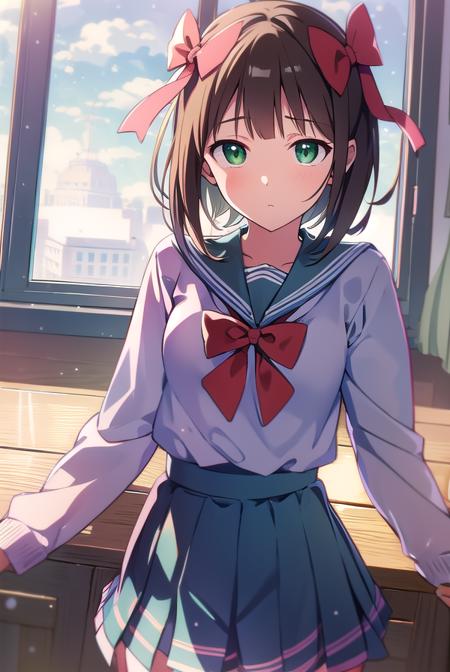 harukaamami, <lyco:harukaamami-LYCORIStest:1>,
haruka amami, brown hair, (green eyes:1.5), short hair, (hair bow:1.5), hair ribbon, bangs, blunt bangs, (small breast:1.2),
BREAK bag, bow, school uniform, serafuku, skirt, sweater, long sleeves, red bow, blue skirt, grey sweater,
BREAK looking at viewer,
BREAK indoors, classroom,
BREAK <lora:GoodHands-vanilla:1>, (masterpiece:1.2), best quality, high resolution, unity 8k wallpaper, (illustration:0.8), (beautiful detailed eyes:1.6), extremely detailed face, perfect lighting, extremely detailed CG, (perfect hands, perfect anatomy),