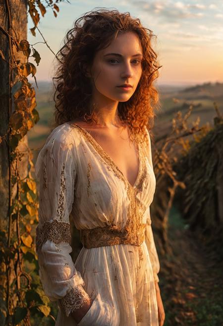 Amidst a golden sunset-drenowned Tuscan hillside, 30 year old beautiful woman stands alone, her long brown eyes reflecting melancholy amid the picturesque landscape, her slender form silhouetted against fading daylight, her blue eyes gazing out over vines nestled near an ancient villa stonewall, her long chestnut hair cascades down shoulders like a waterfall, her flowing ivory gown rustles softly in wind, with all scene bathed in honeytoned light that speaks to soul and whispers love's enduring power.