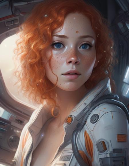 best quality, masterpiece, detailed background, digital painting, science fiction, starship interior, freckles, 1girl, woman, (bodysuit:1.2), short hair, orange hair, curly hair, (freckles:1.7), smirk, (skin tight:1.2), plugsuit, undercut, 