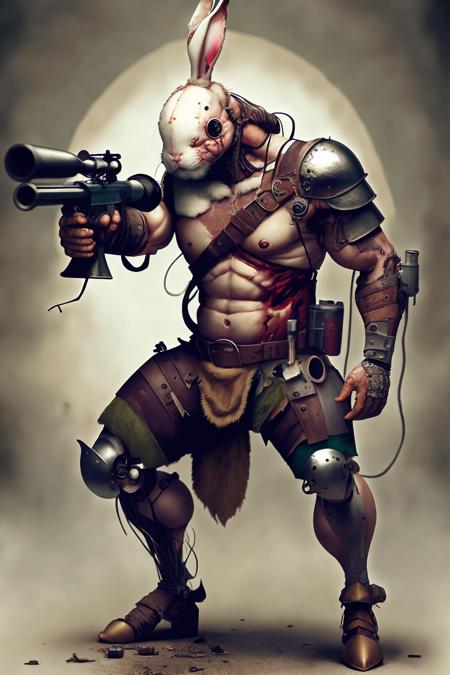 <lora:lostedenTECHv3:1> l0st3d3n a viking male rabbit wearing armor and aiming a shotgun, 35mm, f8.0, high detail, high quality, grotesque, disturbing