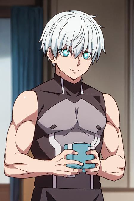 ragna, 1boy, solo, blue eyes, white hair, short hair, smile, blue eyes, bangs, eyes visible through hair, sleeveless, muscular, 
high quality, best quality, ultra detailed, masterpiece, big breast, detailed hands, <lora:EMS-52523-EMS:0.700000>