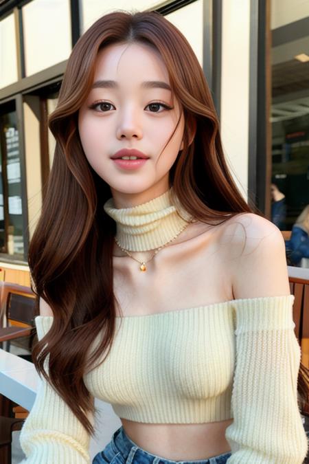 jangwanyoung piercing eyes, looking straight, very happy,long hair, wearing an off-shoulder sweater, choker, closeup portrait, in a outdoor cafe in 2015, afternoon light