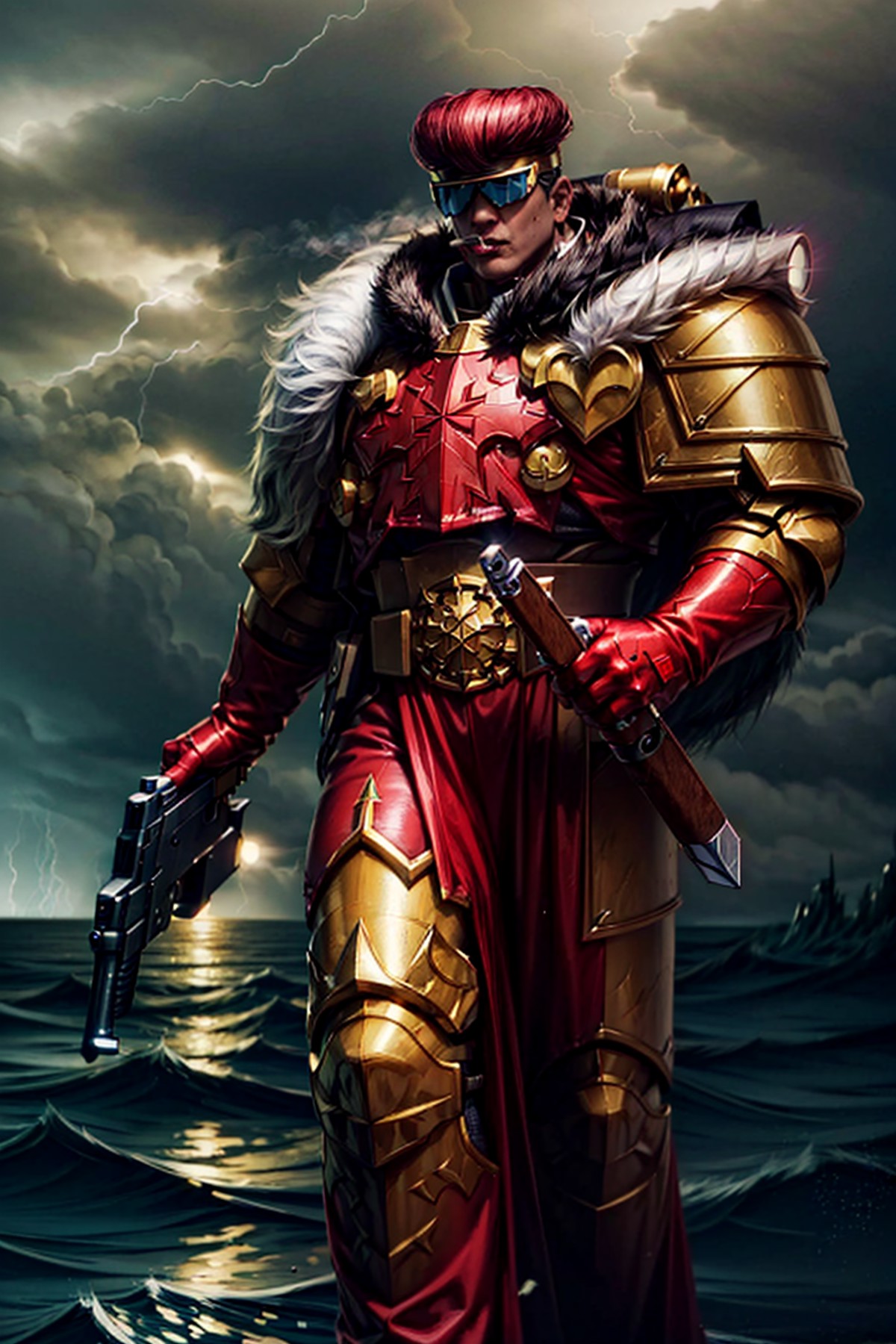 photo of josuke, wearing thunderwarrior armor, visor, smoking cigar, full armor, gold armor, armor detail,  red plume, cap...