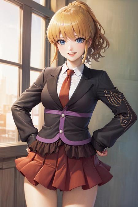 (masterpiece, best quality:1.2), <lyco:umineko_ushiromiyajessica-11:1.0>, cowboy shot, solo, 1girl, ushiromiya jessica, smile, looking at viewer, hand on hip, ponytail, jacket, necktie, skirt