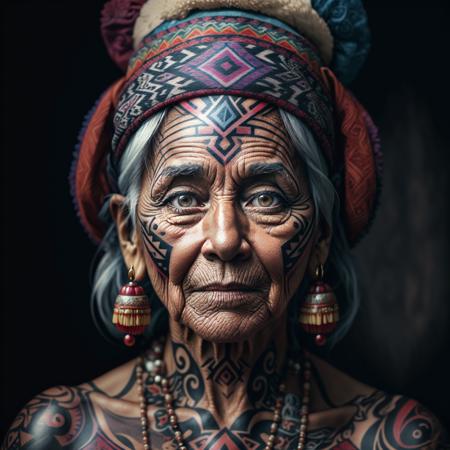 A tribal elder with a face tattoo, 
yang08k, photography, beautiful,  black background, colorful,realistic,
masterpieces, top quality, best quality, official art, beautiful and aesthetic,  
<lora:yang08k:0.7>