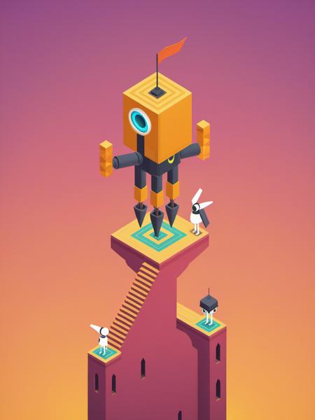 video game monument valley style, A giant robot standing on the roof, building, stairs, day, floating, gradient background, <lora:Monument Valley style:0.8>