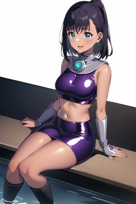 (1girl:1.2), <lora:kofunemio:.8>, dark skinned female, brown hair, purple latex clothes, starfireOutfitTI, midriff, smiling, sitting down, (holding legs in the air:1.1)