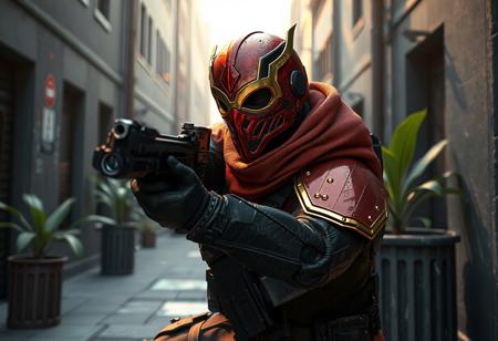 Action stone sentry, red & gold mask, black tactical suit, gray urban scene, trash can, green plant, dynamic pose. Dramatic lighting, octane render, Unreal Engine 5, splash ink illustration, Raphael & Houdini style, CGSociety, Artstation trending, 4k, hyperdetailed face & clothes, golden ratio, beautiful matte painting, isometric view.