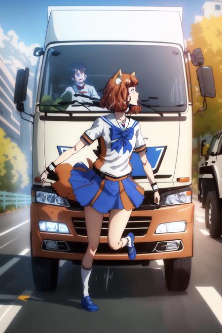 Highly detailed, High Quality, Masterpiece, beautiful, Truck-kun, <lora:Truckkun:0.8>, 1girl, ground vehicle, crash, getting hit by Truck-kun, fleeing, motion lines, firefox-chan, bowtie, school uniform, sailor collar, blue pleated skirt, wrist cuffs, socks, orange shoes, tail, <lora:Char_Meme_MozillaFirefox:0.9>, (detailed face and eyes:1.3)