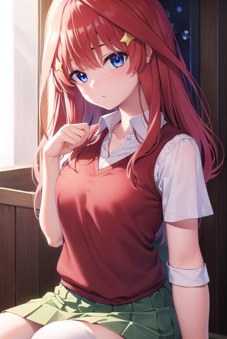 itsukinakano, <lyco:itsukinakano-lyco-nochekaiser:1>, 
itsuki nakano, bangs, blue eyes, hair between eyes, ahoge, red hair, star \(symbol\), hair ornament, star hair ornament,
BREAK skirt, shirt, school uniform, collarbone, white shirt, short sleeves, pleated skirt, socks, collared shirt, miniskirt, kneehighs, white socks, green skirt, sweater vest, red sweater vest,
BREAK indoors, school, classroom,
BREAK <lyco:GoodHands-beta2:1>, (masterpiece:1.2), best quality, high resolution, unity 8k wallpaper, (illustration:0.8), (beautiful detailed eyes:1.6), extremely detailed face, perfect lighting, extremely detailed CG, (perfect hands, perfect anatomy),