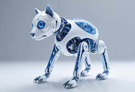 A robotic pet companion with AI intelligence in chromatic blue and polished white, in the style of ray tracing, photorealistic detail, delicate constructions, organic nature-inspired forms, delicate sculptures, fluid, concept art, close-up shots
