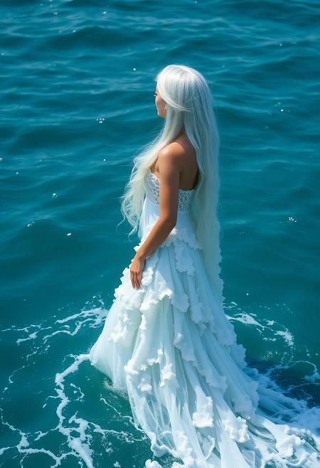 a woman, aprhodite goddess, dress made by the ocean waves, in the middle of the ocean, in white, white long hair, beautiful, high detailed, 8k.