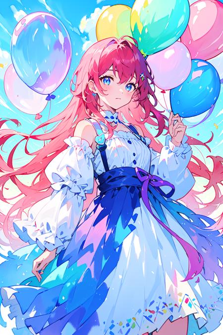 best quality,(masterpiece:1.3),ultra-detailed,1girl,Abstract watercolor painting of a little girl,rainbow colors::1,colorful background,colorful hair,long hair,colorful dress,balloon,abstract watercolor painting of cartoon clouds with emoji,rainbow colors,Gradient,blue and pink tone colors,