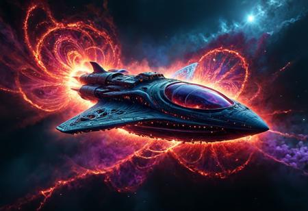 A sleek, obsidian Fractangles spaceship, its hull shimmering with captured starlight, emerges from a swirling vortex of violet and crimson energy, a testament to its recent warp jump.  Intricate, fractal patterns etched across its surface subtly shift and pulse with internal light, revealing a complex network of interwoven circuitry.  Debris, glowing faintly with residual warp energy, trails behind the vessel, dissipating into the inky blackness of space.  The ship's powerful engines emit a low, guttural rumble, like the churning of a thousand celestial gears, reverberating through the surrounding void.   Dust motes dance in the faint light emanating from the ship's breach, as the vessel, impossibly large, cuts a dramatic silhouette against the infinite expanse of the cosmos.