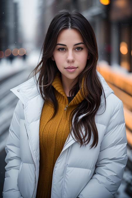 professional portrait photograph of (devbrugman:0.99), in winter clothing, beautiful face, cute natural makeup, wearing elegant winter fashion clothing, ((standing outside in snowy city street)), stunning modern urban upscale environment, ultra realistic, concept art, elegant, highly detailed, intricate, sharp focus, depth of field, f/1. 8, 85mm, medium shot, mid shot, (centered image composition), (professionally color graded), ((bright soft diffused light)), volumetric fog, trending on instagram, trending on tumblr, hdr 4k, 8k, (closeup portrait:1.2)