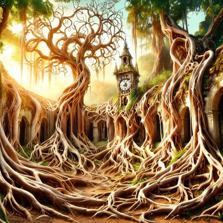 an ancient clocktower entangled by massive roots, time frozen around it, particles of light suspended in the air, forgotten ruins, overgrown architecture, golden hour light, surreal atmosphere, magical realism, morph-treeroots
<lora:TreeRoots_SDXL:1.0>