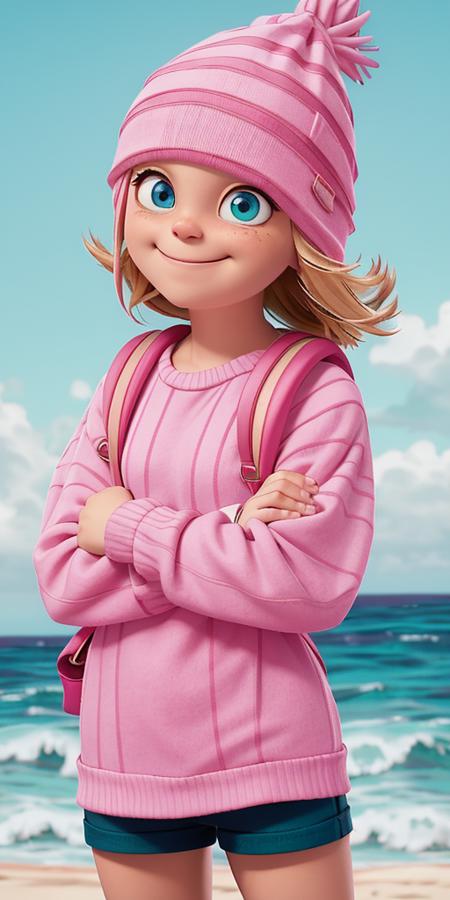 1girl, <lora:Edith_Gru:1>  Pink knitted beanie, smug or content expression, round blue eyes, pinkish skin tone, pink and white striped shirt, black backpack straps visible, (ocean:1.5), sand, palms, sun