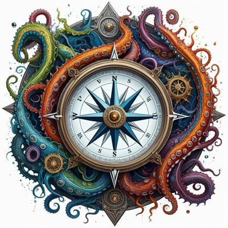 Finely detailed vector illustration, compass, tentacles, terror from the deep , ultra realistic quality, interwoven pattern, white background, hyperdetailed, intricately detailed,  triadic colors,fantastical,intricate detail,splash screen,complementary colors, fantasy concept art, 8k resolution, masterpiece, oil painting, thick strokes, paint dripping, vapors, glow