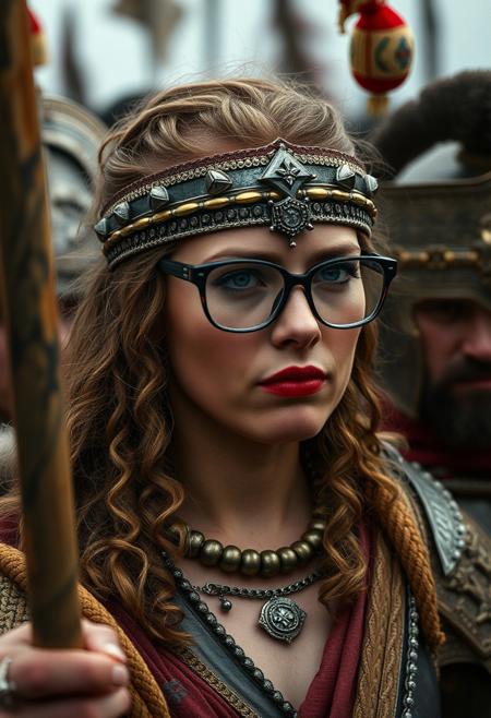 The famous revolt of the Iceni tribe, led by Queen Boudica, (red lips, glasses) challenges Roman authority, 
ultra quality, ultra detailed, intricate details, 8k, ultrarealistic, masterpiece, 35mm photograph, film,  professional, 4k, highly detailed, masterpiece, award-winning, professional, highly detailed. Dark, lit,    designer,  picturesque, lavish, RAW candid cinema, 16mm, color graded portra 400 film, remarkable color, ultra realistic,