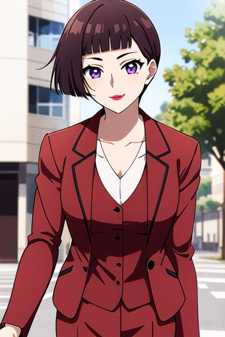 masterpiece, best quality, <lora:daidouji_sonomi:0.7> daidouji_sonomi, 1girl, short hair, brown hair, purple eyes, looking at viewer, lipstick, makeup, looking at viewer, red suit, blazer, red skirt, outdoors