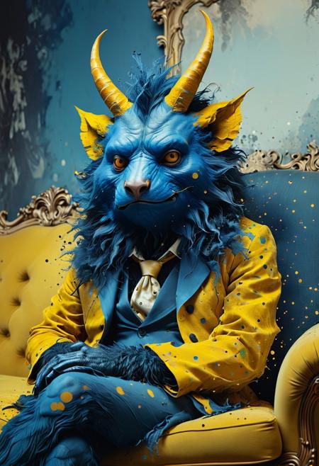 whimsical and comical fluffy monster, wearing a mask, created by Januz Miralles, Ralph Bakshi, Ben Templesmith, and Hieronymous Bosch, sits on a couch. Surrounded by a detailed background, the setting features a blend of black and ultramarine blue hues, with golden yellow dots scattered throughout. The overall detail and vivid colors contribute to the captivating atmosphere of the scene.