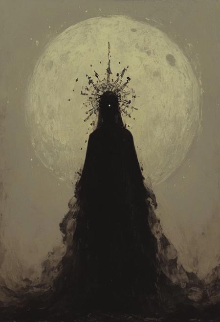 score_9, score_8_up, score_7_up, score_6_up, score_5_up, score_4_up,  
ph4nt0m01l, 1girl
A dark shape wearing flowing robes standing lonely in the ((countryside)), ghost, spectre, shadow, glowing crown:2, An enigmatic figure of a (satanic),(dark robes covering all her skin), during night, (fully)concealed, adding to her mystique and allure. looking at viewer, high-contrast setting. Emphasize theatrical elements with extreme opposition of bright colors against dark, moody backgrounds, under a night sky, full body shot))), (dark Chiaroscuro oil painting), modern-style colour illustration, bold & powerful, lifelike art, cultist girl, evil & dark robes, detailed setting, dark and moody lighting, green and blue and brown, starry night,
by Brom and Moebius, in the style of a vintage,