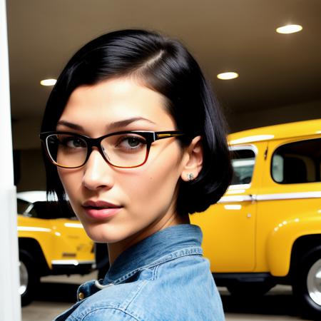 bellahadid a beautiful  woman with a crew cut hairstyle with black fade hair and bangs!!!!!!, with nerdy glasses, in a vintage chevy vintage chevy vintage cabin, in luxury advertisement, rim lighting, dramatic backlighting, beautiful detailed eyes, by ross tran, by larry elmore, by frank frazetta, by clyde, by ivan aivazovsky, by peter palombia