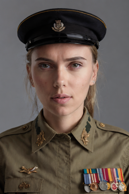 1girl, Woman wearing Army dress uniform, standing formally, detailed military attire, peaked cap, medals on chest, serious expression, plain background
 <lora:scarlett_johansson_lora_v01:1> sj84, blonde hair
