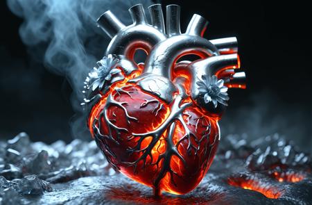 A hyper-realistic, ultra-HD rendering of an anatomically correct human heart, forged from molten titanium and liquid mercury. The surface pulses with an eerie bioluminescent glow, veins of glowing red lava coursing through its metallic structure. Surrounding the heart is a swirling mist of cryogenic vapor, where icy shards float mid-air, contrasting the intense heat of the molten core. Delicate crystal flowers bloom from the arteries, their translucent petals refracting light like prismatic glass. A surreal fusion of organic anatomy and futuristic metallurgy, illuminated by dramatic neon highlights, hyper-detailed and cinematic.