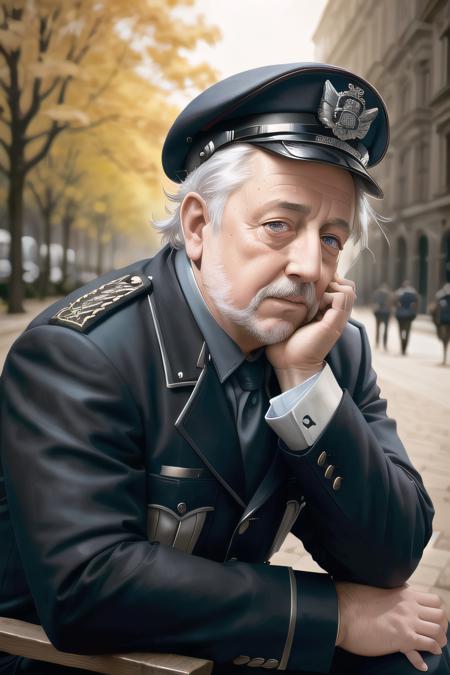 portrait photo of a man LeifGW wearing police uniform, sitting on bench outdoor, serious look, old photo, sharp focus, digital painting, concept art, smooth, intricate details, (shallow depth of field:1.3)