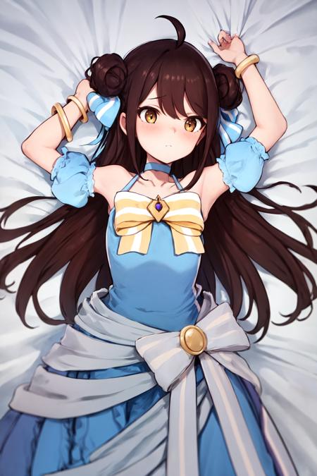 masterpiece, best quality, highres, 1girl ahoge, choker bow blue dress bare shoulders detached sleeves jewelry bracelet <lora:falanya:1> on back, bed sheet, arms up