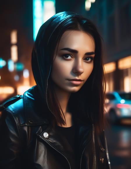 <lora:hlglvkty:1> close up portrait photo of hlglvkty , wearing black leather, city at night, detailed skin, skin texture, cinematic lighting,