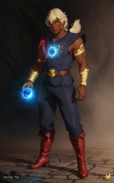 ren man, a cartoon character with blonde low ponytail hair and purple outfit, blue eyes, golden armlets, golden earring, red boots, holding a glowing green gem in his hand holding a sword in his hand
