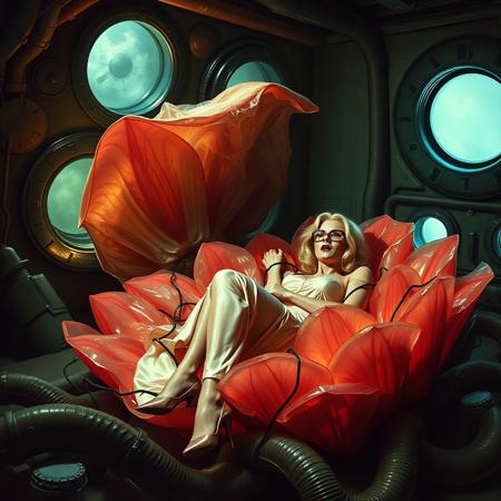 Terrified blonde damsel, clad in a  1950s long delicate silk slip, her glasses askew,  laying in center of giant carnivorous flower monster, restrained with thin vines, struggling to break free, surrounded by  glossy  transparent petals reflecting the faint glow of the weird alien laboratory. Glossy fluffy  high heels a stark contrast to her distress, while transparent nectar   mass covering her encasing in jelatinious mass . the walls appear to be alive, covered in a pulsing, iridescent slime, while giant observation portholes gaze in like empty eyes, as if the very darkness of space itself is watching this horrific scene unfold. Inspired by the dark, industrial sci-fi of H.R. Giger, the eerie, atmospheric lighting of Zdzisław Beksiński, and the surreal, biomechanical nightmares of Francis Bacon.