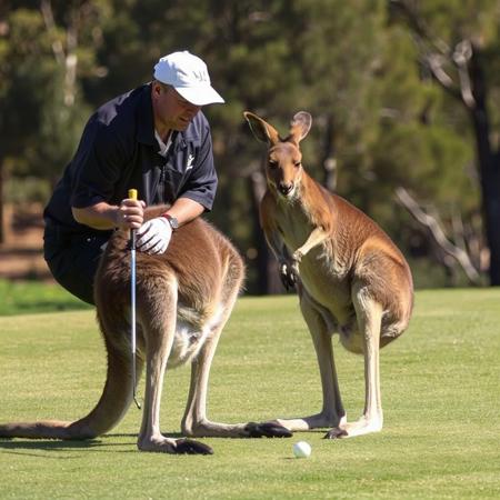 During an important charity golf tournament in Sydney, a kangaroo hops the 18th hole and steals the ball—then acts as the best caddy the player ever had.