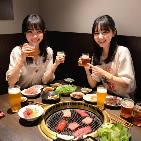 best quality, ultra-detailed, illustration, japanese girl, cute, (shy smile), 
smokeless_roaster, grill, yakiniku, japan, food, cup, multiple girls, 2girls, jewelry, meat, salad, holding, bracelet, black hair, holding cup, eating, plate, alcohol, bowl, restaurant, drinking glass, shirt, indoors, chopsticks, mug, beer, smile, looking at viewer, rice, table, mole, long hair, blurry, beer mug, sitting
 <lora:smokeless_roaster_SDXL_V2:1>