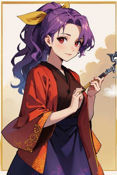 komakusa sannyo holding smoking pipe ponytail hair ribbon japanese clothes red kimono wide sleeves purple skirt