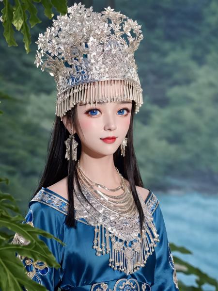 (best quality, masterpiece, 8K, ultra high res, realistic, blue sky, photon mapping, radiosity:1.3), (close-up:1.8), (Beautiful and detailed face and smooth forehead and black long hair and messy hair:1.2), (Extremely detailed 8K chinese long embroidery silk robe and silk long clothes and dress:1.2), 1girl, solo ,(young), looking at viewer, big eyes, earrings, hairpin, necklace, small breasts, slim body, architecture, riverside, forest, arms at sides, smile.Miaozu, clothing, headwear, crown  <lora:Miaozufushi-268:0.7>