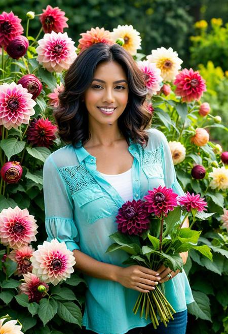 A woman with flowers in a garden of dahlias. These high-quality images are a celebration of creativity and artistry, showcasing the talent and skill of the artist behind them.