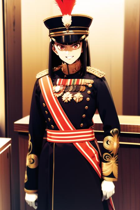 masterpiece, best quality, absurdres, high resolution, extremely detailed, 1girl, solo, cowboy shot, upper body, ((court uniform,black uniform, double breasted,austrian knots sleeve,medals, IJA kepi with white and red plume, hat,kepi, )), large breasts,  mature female, sexy body, breasts, narrow waist, black long hair, blunt bangs, red eyes, evil smile, smug, swept bangs, indoors, palace, courtroom, <lora:IJAuniform-v0:0.85> <lora:ooyari-style_v1.0:0.75>